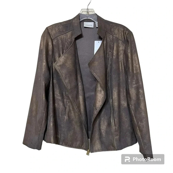 CHICOS Tan Gold Shimmer Moto Metallic Jacket Gold Zipper Size 1P (Medium 8P) - Picture 1 of 10